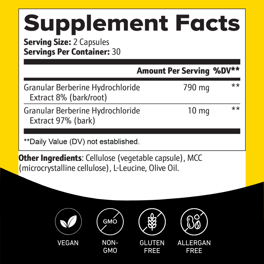 Berberine Supplement facts label with detailed nutritional information on a yellow and black background