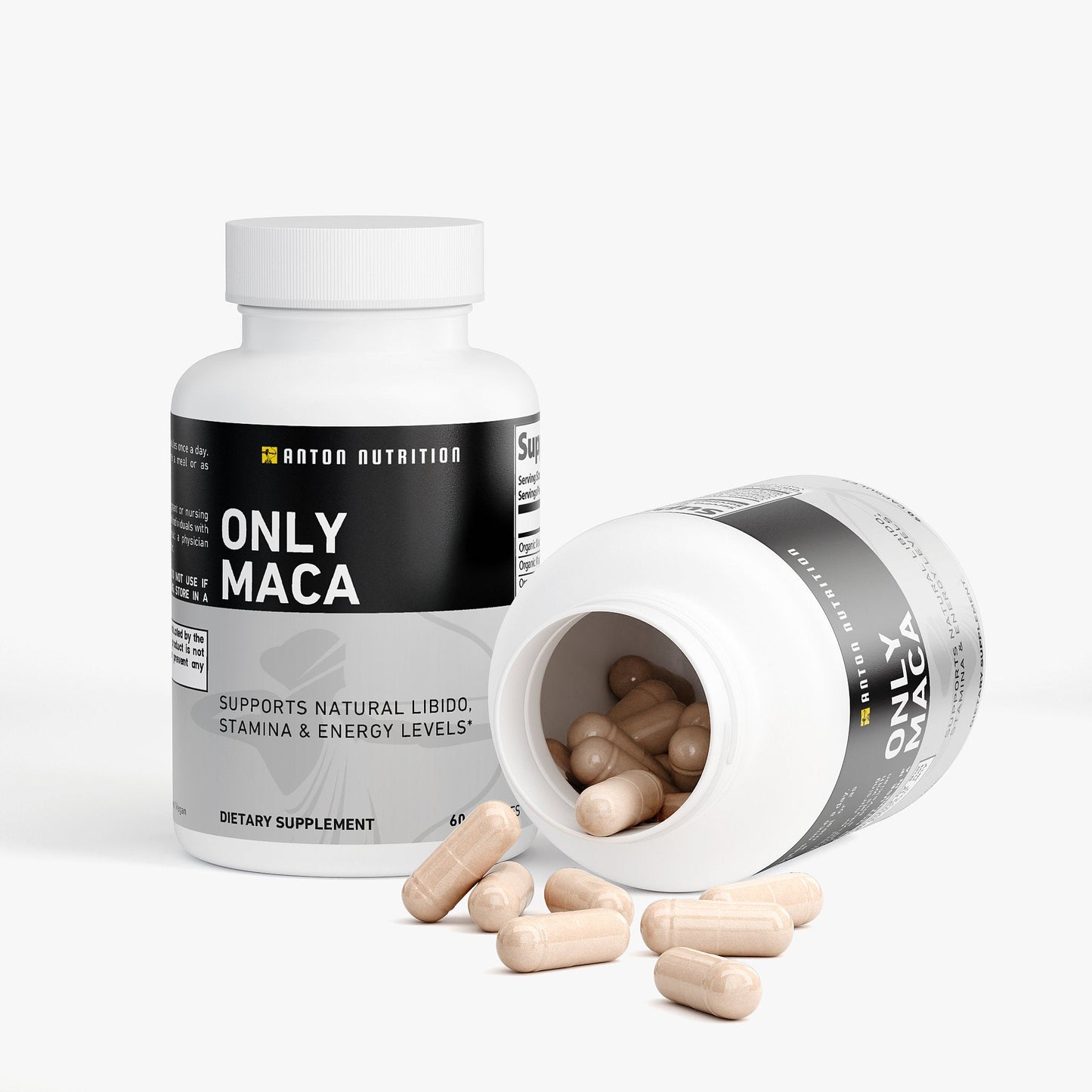 Supplement bottle labeled 'Only Maca' with open cap showing pills on a white background