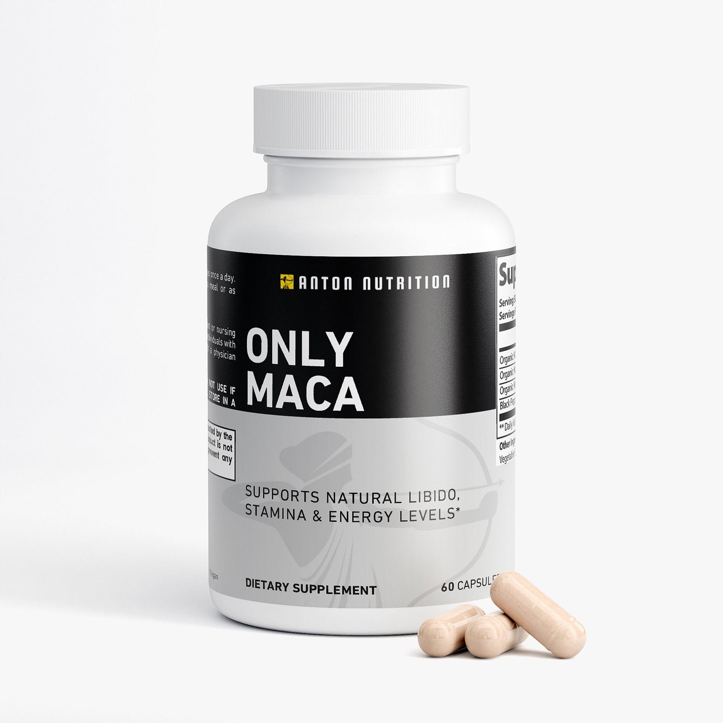 Supplement bottle labeled 'Only Maca' by Anton Nutrition on a white background