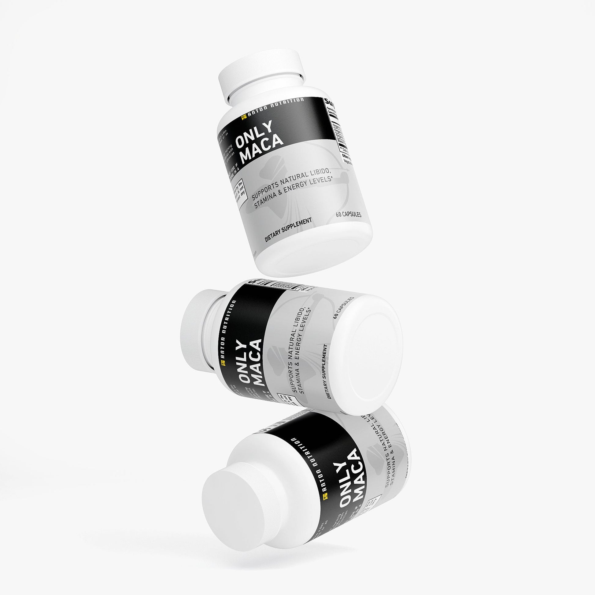 Three 'Only Maca' supplement bottles on a white background