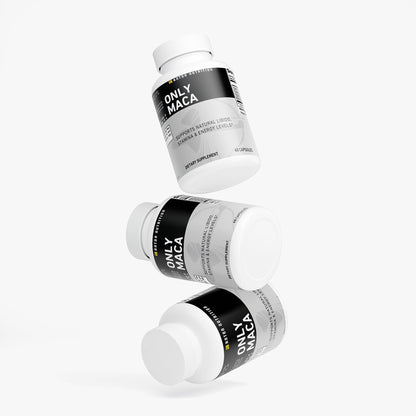 Three 'Only Maca' supplement bottles on a white background