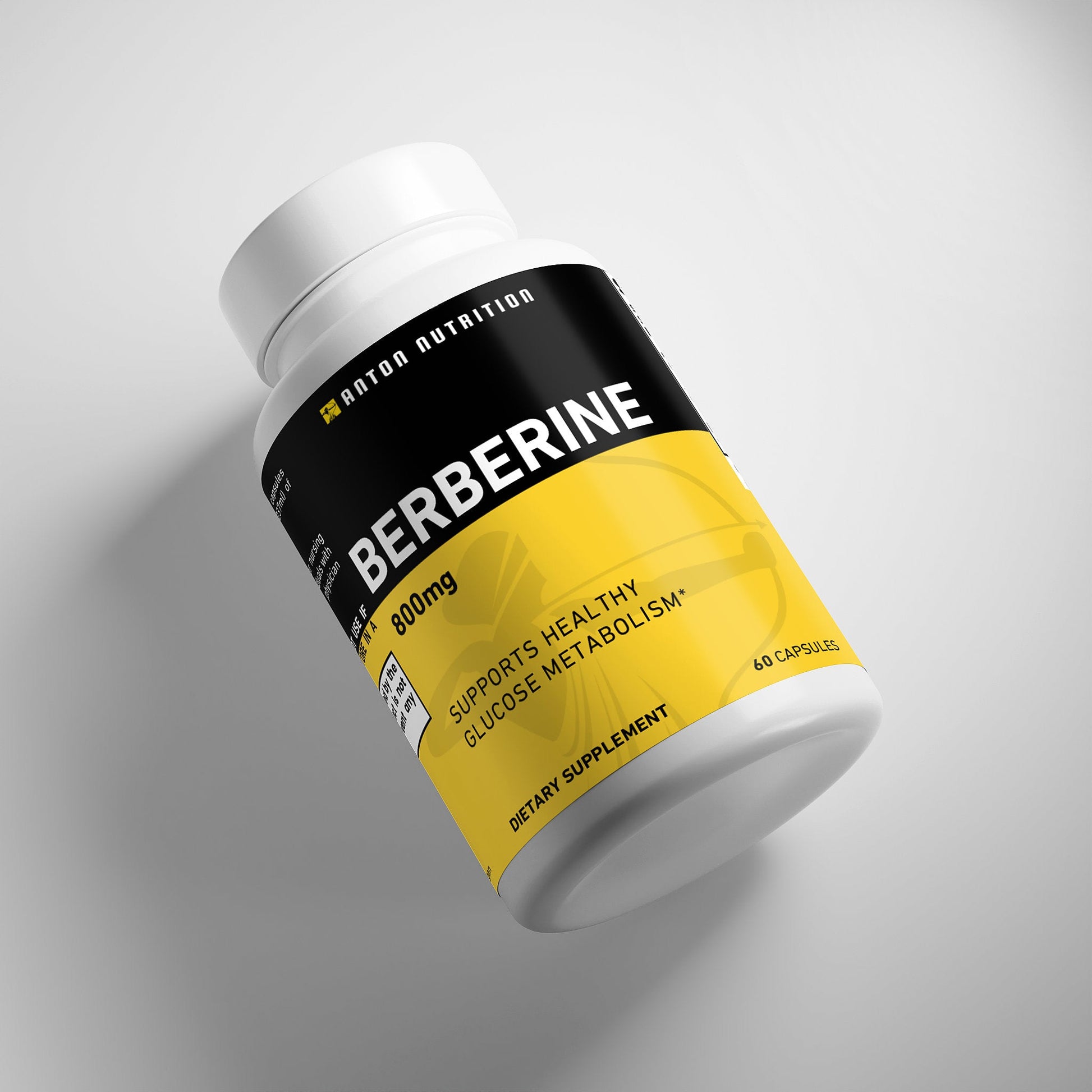 Supplement bottle labeled 'Berberine' by anton Nutrition on a gray background