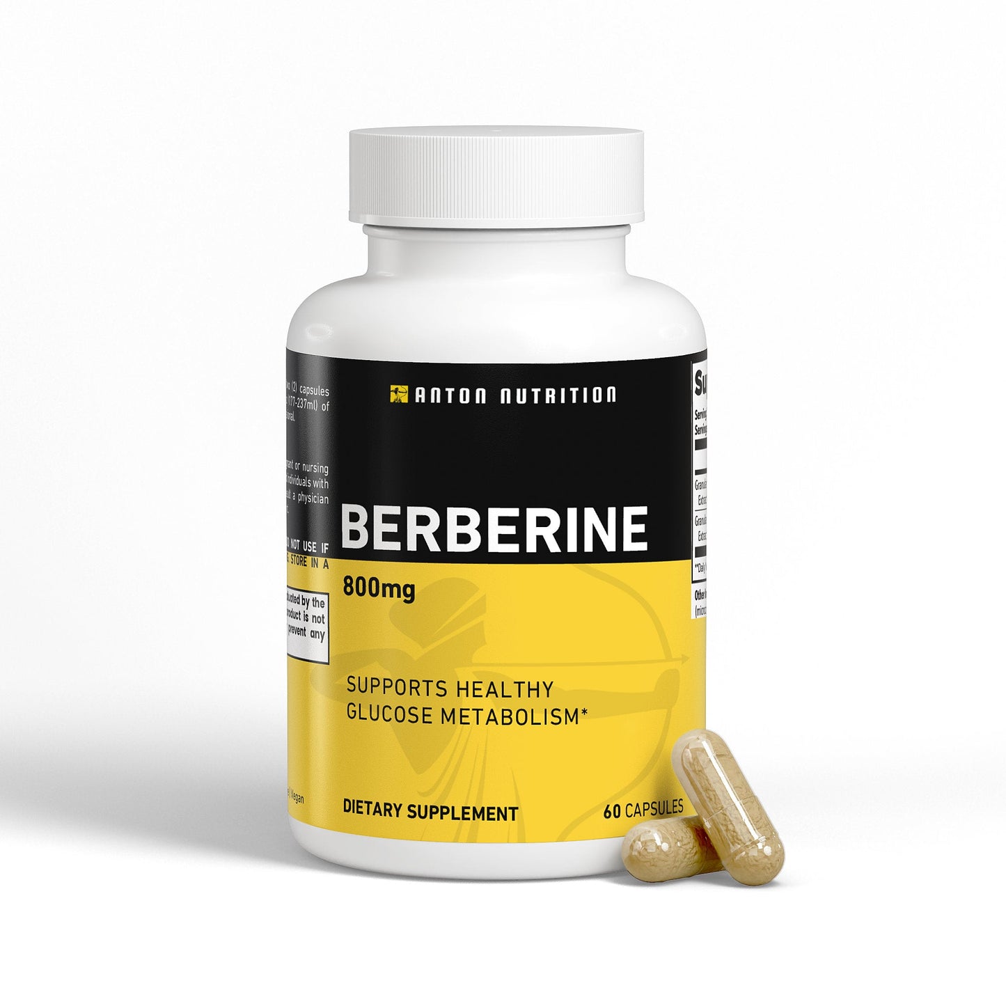 Supplement bottle labeled 'Berberine' by Anton Nutrition on a white background