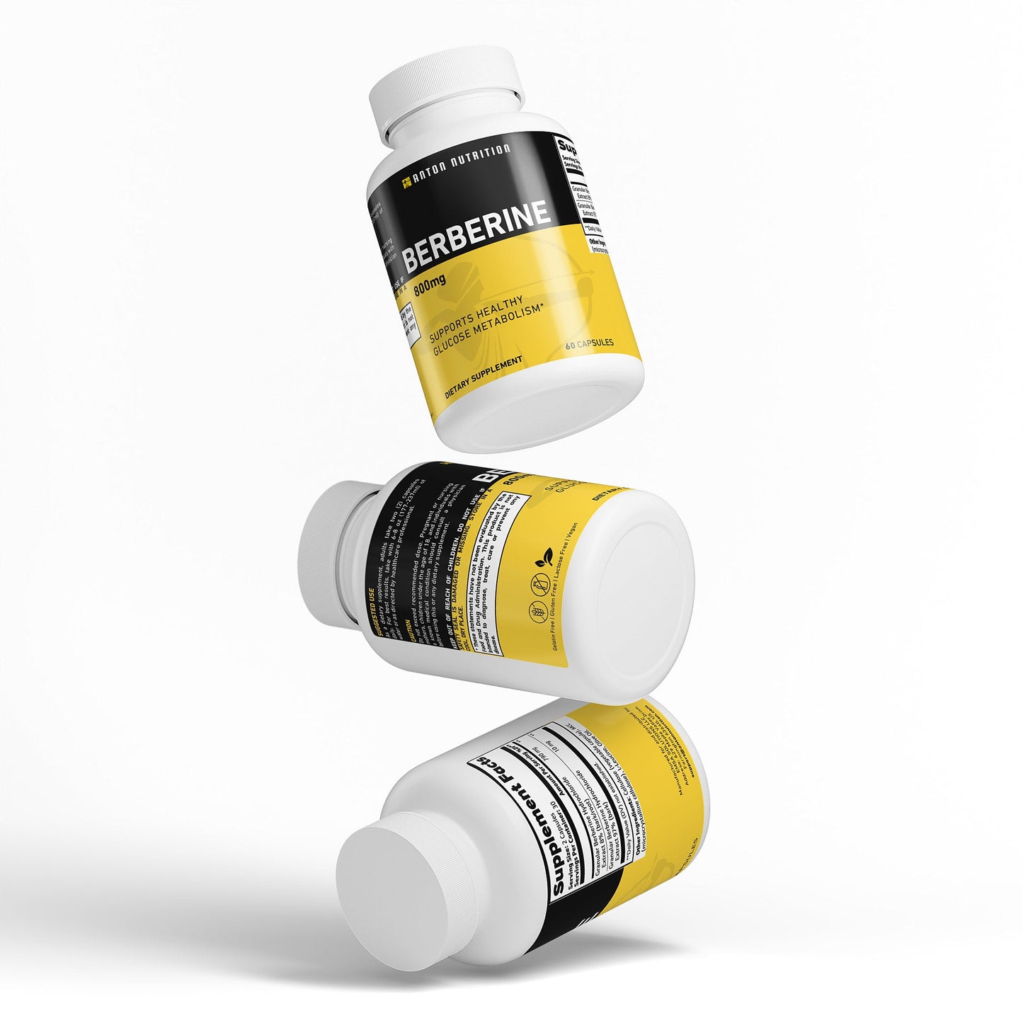 Three bottles of a supplement labeled 'Berberine' on a white background