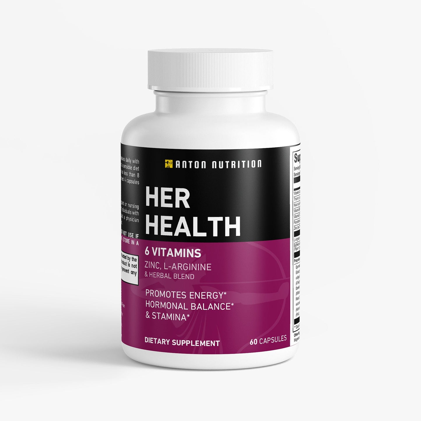 Supplement bottle labeled 'Her Health' by Anton Nutrition on a white background