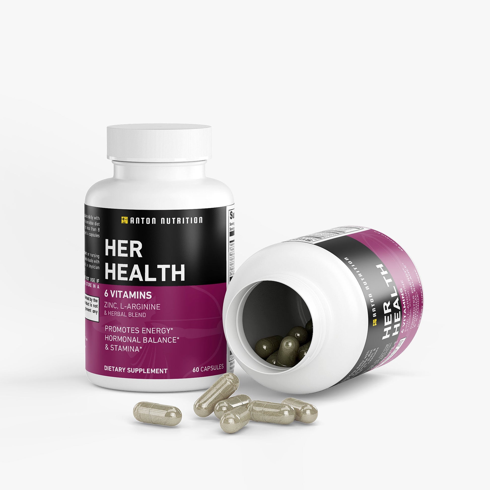 Her health dietary supplement bottle with open cap showing capsules on a white background