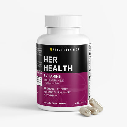 Supplement bottle labeled 'Her Health' by Anton Nutrition on a white background