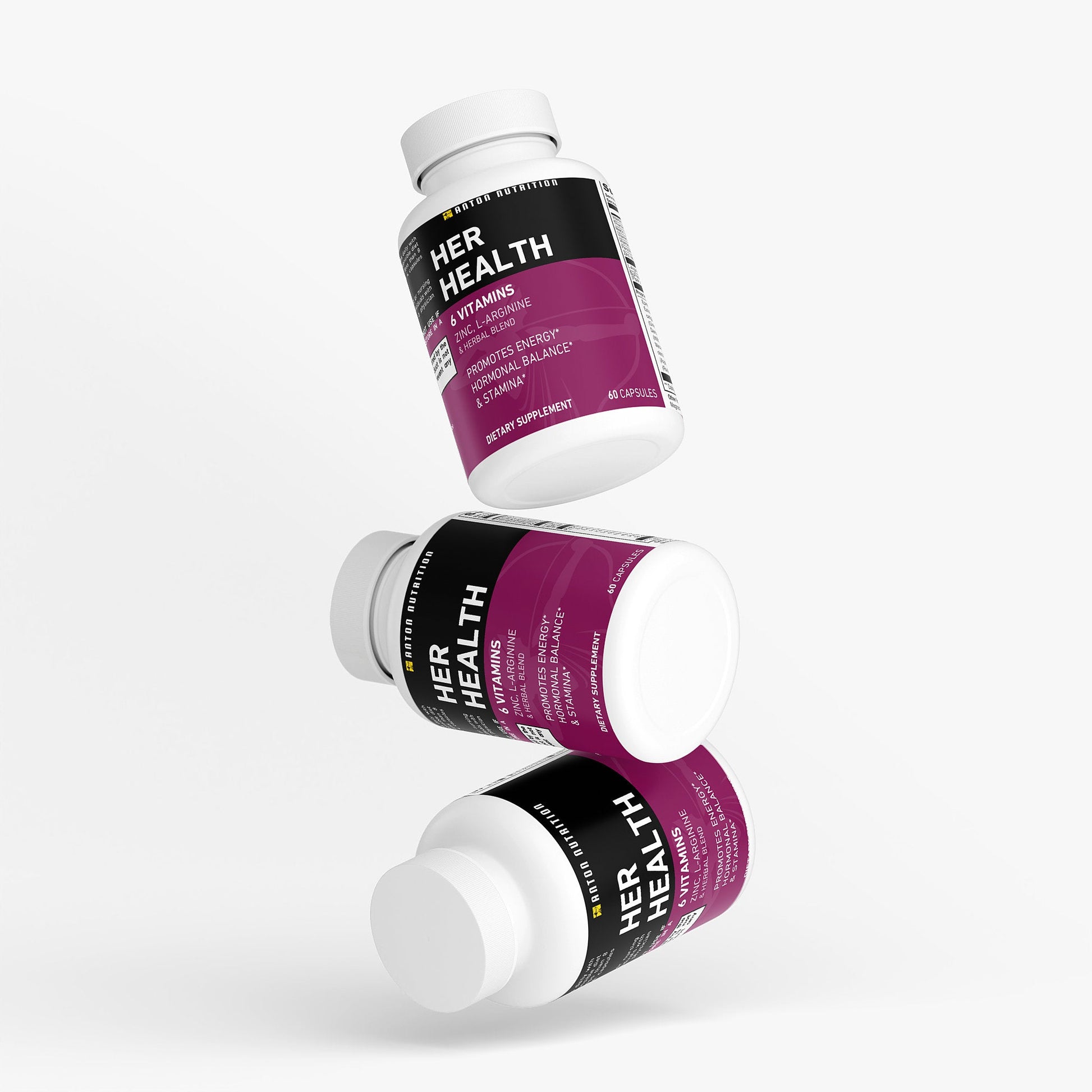 Three bottles of Her Health supplements on a white background